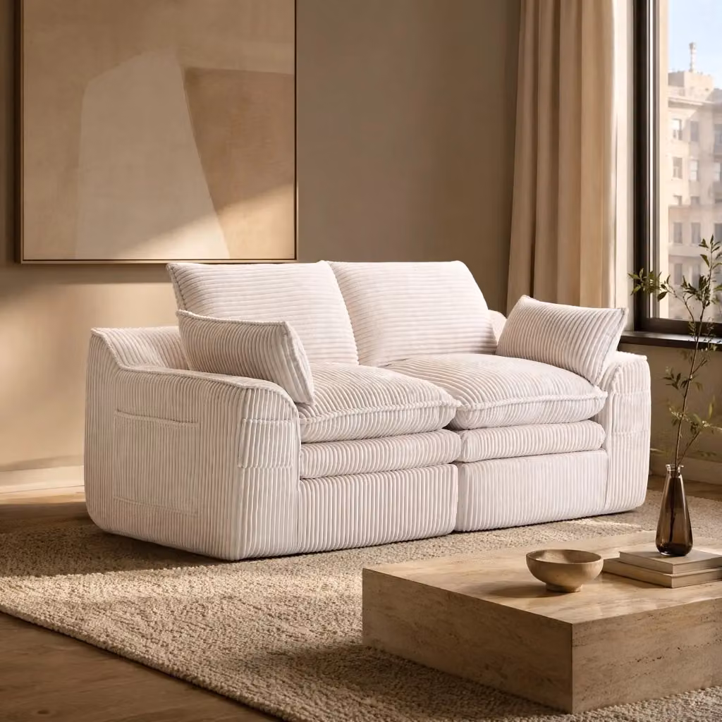 Divano a 2 posti Mivray in velluto a coste beige con cuscini inclusi, design moderno per soggiorno o ufficio, L: 191 cm, P: 85 cm, H: 94 cm – 2