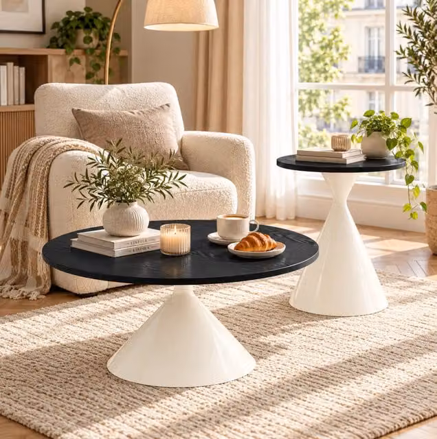 Set di 2 tavolini bassi impilabili Ø70/Ø50 cm; nero e crema; piano in melaminico