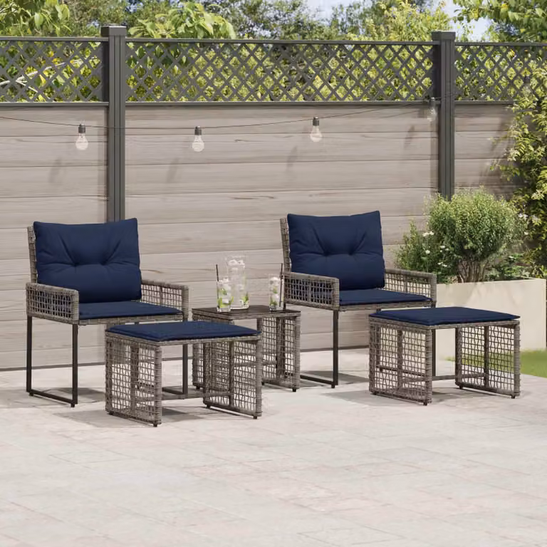 Set di mobili da esterno vidaXL in legno di acacia e rattan da 5 pezzi, colori grigio e blu navy