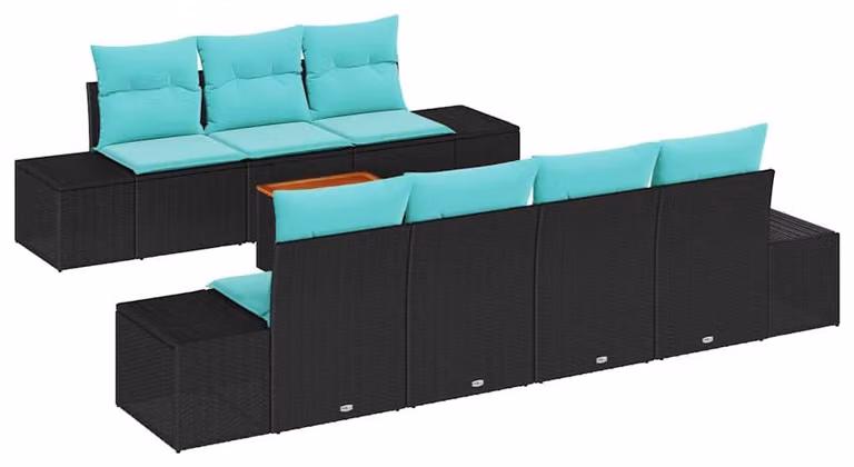 Set da giardino composto da 8 pezzi, in rattan sintetico nero e turchese