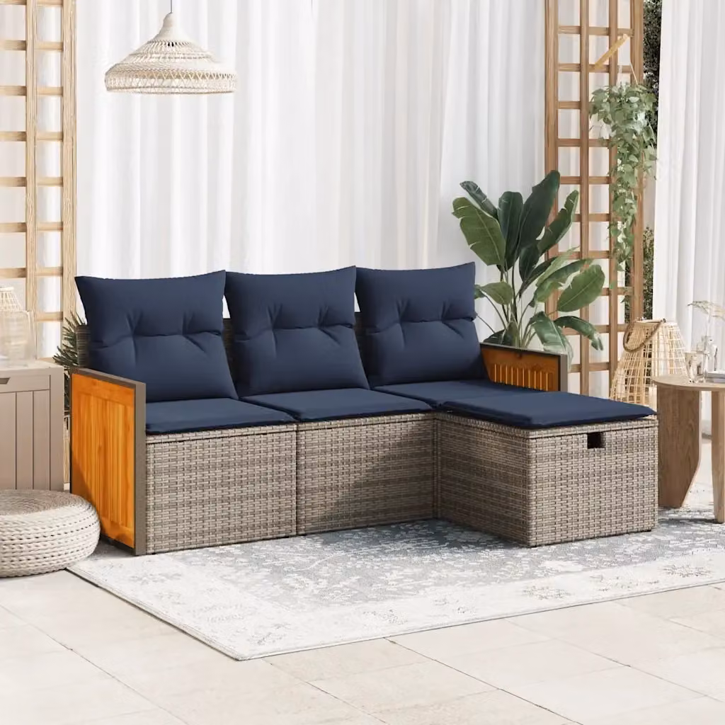 Set Salotto da Giardino Moderno a Forma di L con Cuscini Blu e Grigio, Struttura in Acciaio e Legno di Acacia – 2