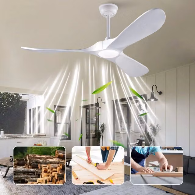 Ventilatore da soffitto moderno con luce LED dimmerabile e telecomando, 3 pale in legno massello, colore bianco