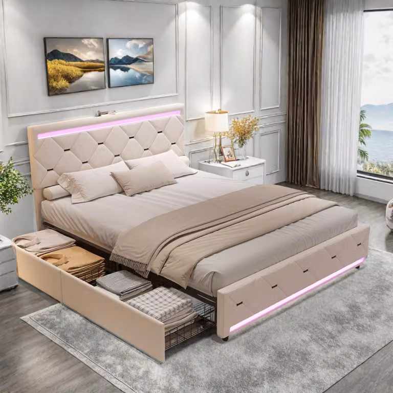 Letto imbottito ProximaX 140x200 cm | 4 cassetti e spazio di archiviazione | illuminazione del letto USB e LED, velluto, beige