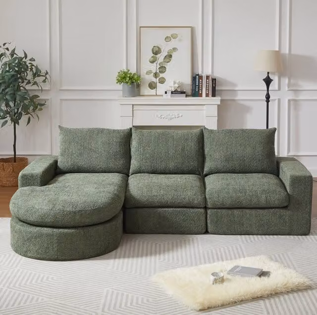 Divano angolare modulare 250x160x80 cm verde, chaise longue reversibile, tessuto ciniglia