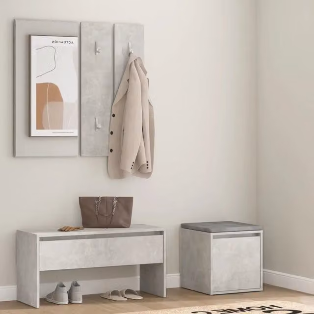 Set di mobili da corridoio moderno vidaXL in legno e plastica, colore grigio opaco, composto da panca, specchio, pannello e scarpiera