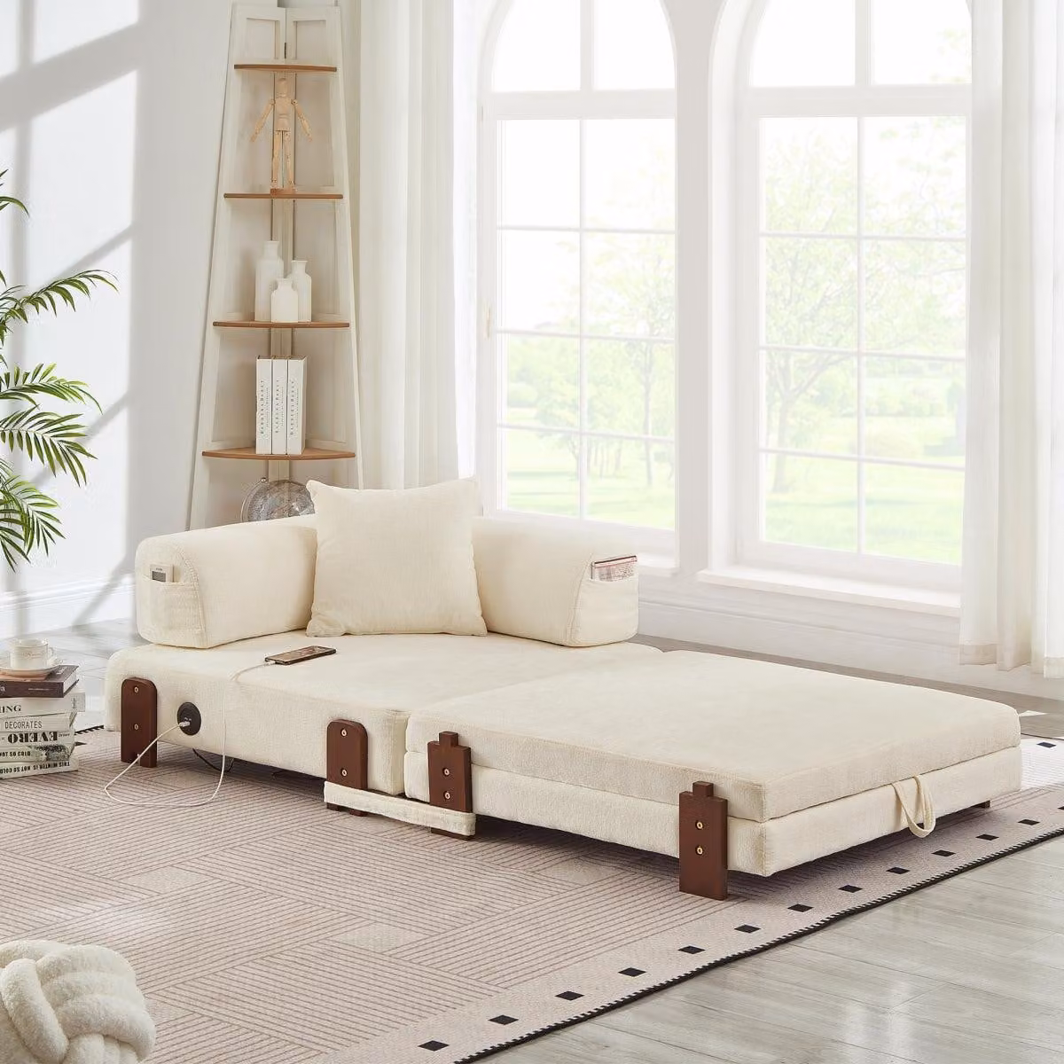 Divano letto 2 in 1, pieghevole con funzione letto, porta USB di tipo C, spazio contenitore, braccioli, divano letto per piccoli spazi, camera degli ospiti, stile loft, color beige