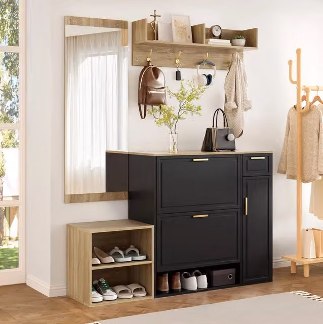Ingresso completo 4 pezzi con scarpiera; panca; appendiabiti e specchio; 139;5x35x166 cm; nero e naturale