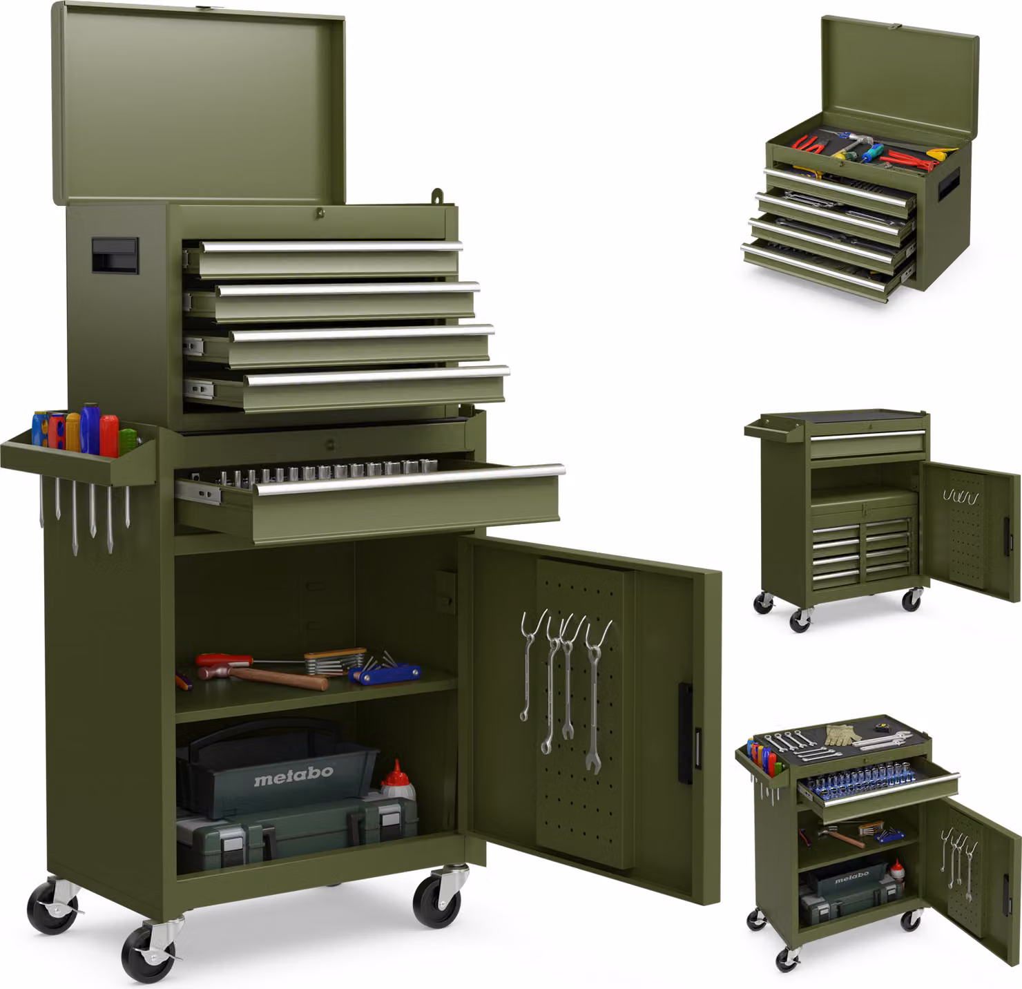 COSTWAY Carrello da officina 2in1 con valigetta, 8 scomparti, ganci e ripiano regolabile, carrello portautensili con serratura, arrotolabile fino a 100 kg senza attrezzi 59x28x102 cm