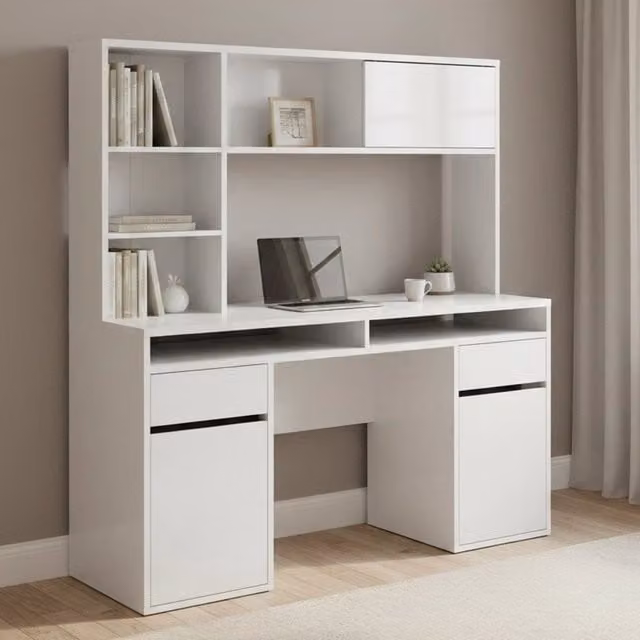 Scrivania DMORA per ufficio e computer, piano di lavoro moderno in MDF bianco lucido, L: 149 cm, P: 48,2 cm, H: 156,2 cm