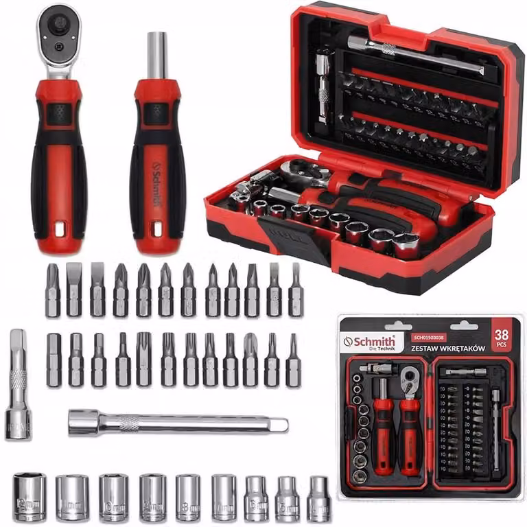 Set di cacciaviti Schmith, con portainserti, chiave a cricchetto, prolunga, set da 38 pezzi. Set a cricchetto professionale, ideale per officine, appassionati del fai-da-te e meccanici