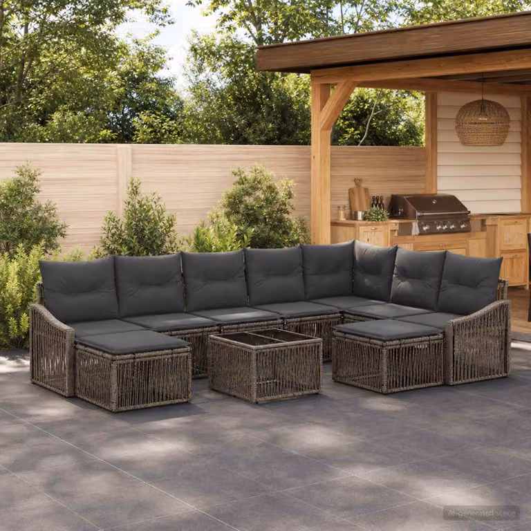 Set Divano da Giardino vidaXL 10 Pezzi a Forma di U in Polyrattan Grigio con Tavolino, Divani, Elementi Angolari e Pouf con Cuscini Inclusi