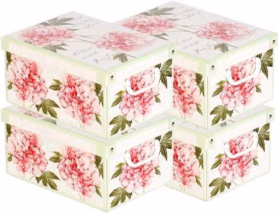 Ibenzoa® Set da 4 grandi scatole di cartone con coperchio e maniglie, realizzate in cartone rinforzato, dimensioni 25x35x17,5 cm – ideali per abbigliamento, documenti, giocattoli