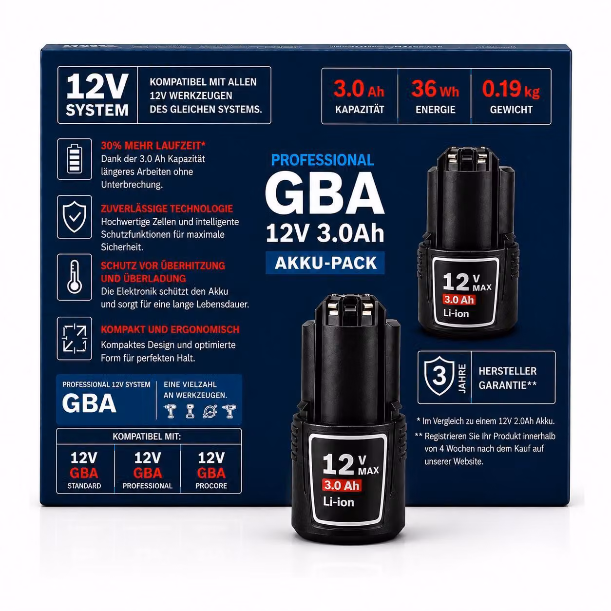 Batteria da 12 V e 3,0 Ah compatibile con gli utensili Bosch Professional GBA
