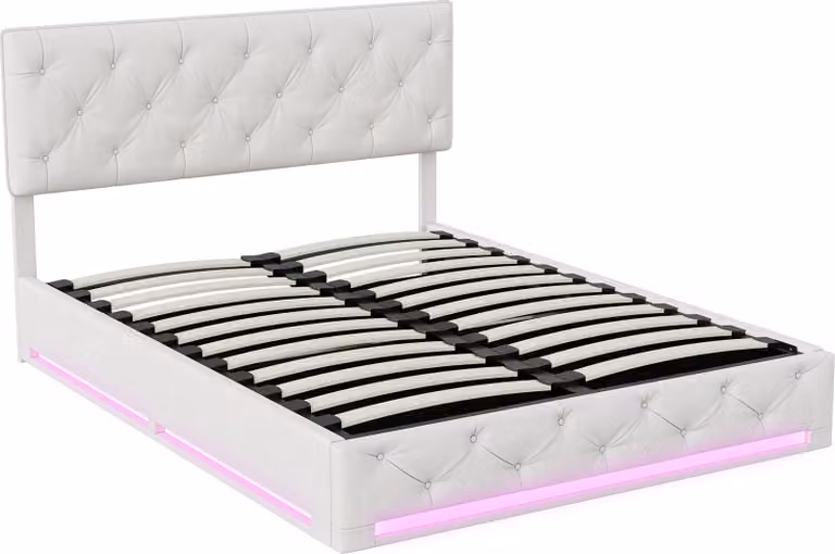 Letto Moonbite con contenitore 140x200 cm – Scrivania a ribalta con illuminazione LED, contenitore integrato nella struttura, rete a doghe, tessuto, color beige