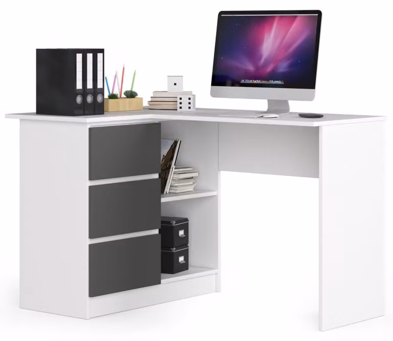 Scrivania angolare da 124 cm con 3 cassetti, scrivania per computer a forma di L, mobile angolare a 2 scomparti