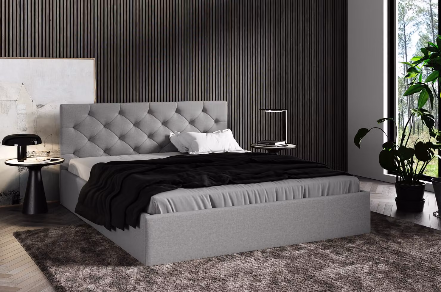 Letto imbottito 90x200 cm, grigio, con contenitore, rivestito in tessuto, struttura in metallo con rete a doghe, trapuntato