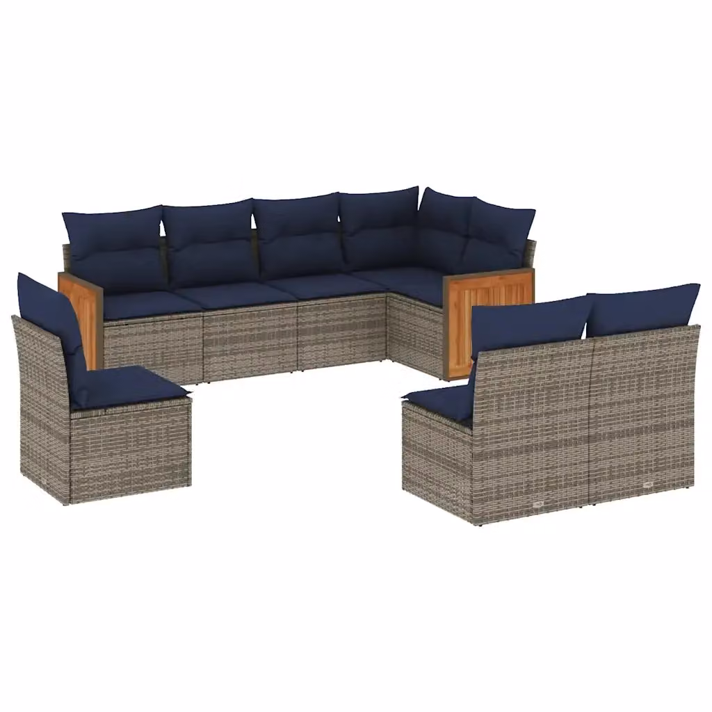 Set di divani da giardino vidaXL a forma di U in polyrattan e legno di acacia con cuscini grigi e blu, composto da 8 pezzi – 2
