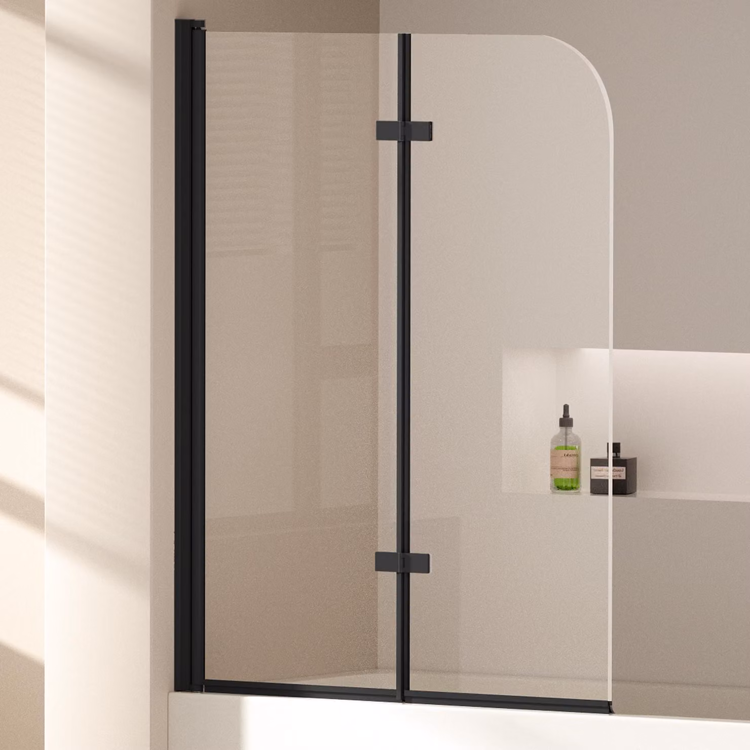 EMKE Cabina doccia 110x140cm Schermo pieghevole per vasca da bagno Attacco per vasca da bagno Nero opaco Schermo doccia in vetro NANO Easy Clean da 6mm