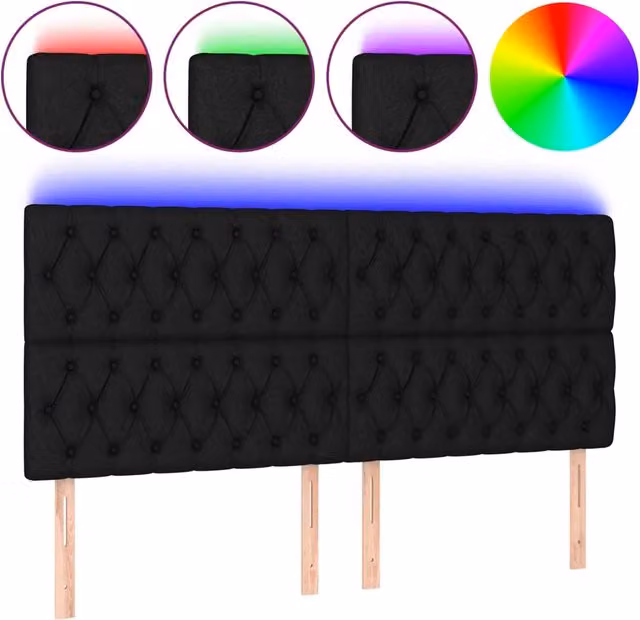 Testiera moderna in tessuto nero con illuminazione LED integrata e porta di ricarica USB, L: 180 cm, P: 7 cm, H: 118/128 cm