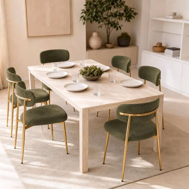 Set di 6 sedie da pranzo Flieks, con struttura dorata regolabile in altezza, imbottite, ideali per la sala da pranzo o la cucina. Dimensioni: 51x50x81 cm. Colore: verde e oro
