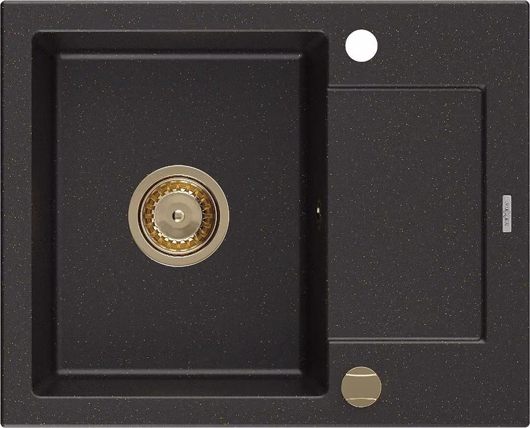 Mexen Enzo lavello in granito a 1 vasca con sgocciolatoio 576 x 465 mm, nero/oro metallico, sifone dorato - 6506571005-75-G