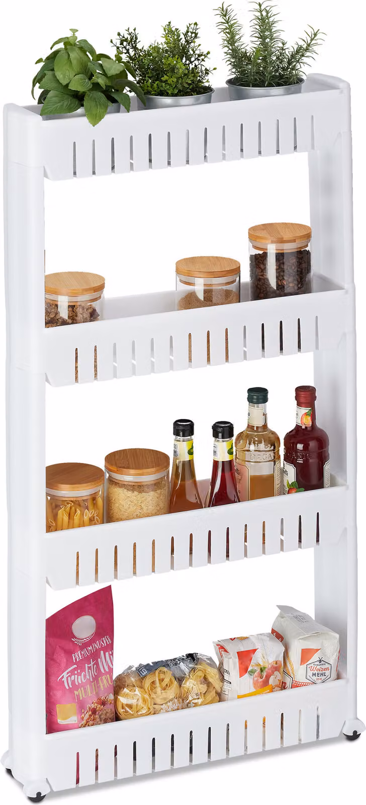 Relaxdays Scaffale da nicchia, 4 ripiani, scaffale da nicchia stretto per bagno e cucina, L x P x A 101 x 12,5 x 54 cm, scaffale su ruote in plastica, bianco
