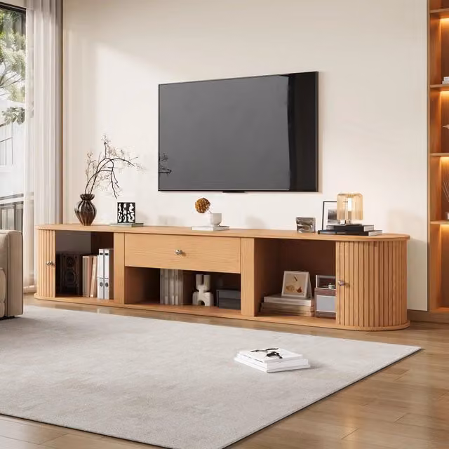 Mobile TV con 2 ante avvolgibili e cassetto in truciolare naturale per TV fino a 75 pollici 180 × 40 × 40 cm