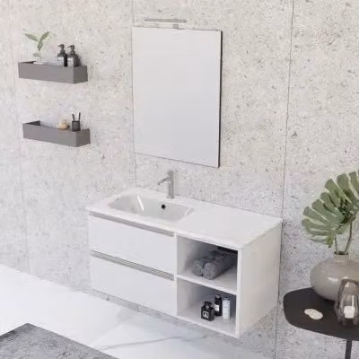 Mobile bagno sospeso Master INBAGNO bianco opaco con lavabo a sinistra, cassetti, vani a giorno e specchio con illuminazione LED, L: 101 cm – 1
