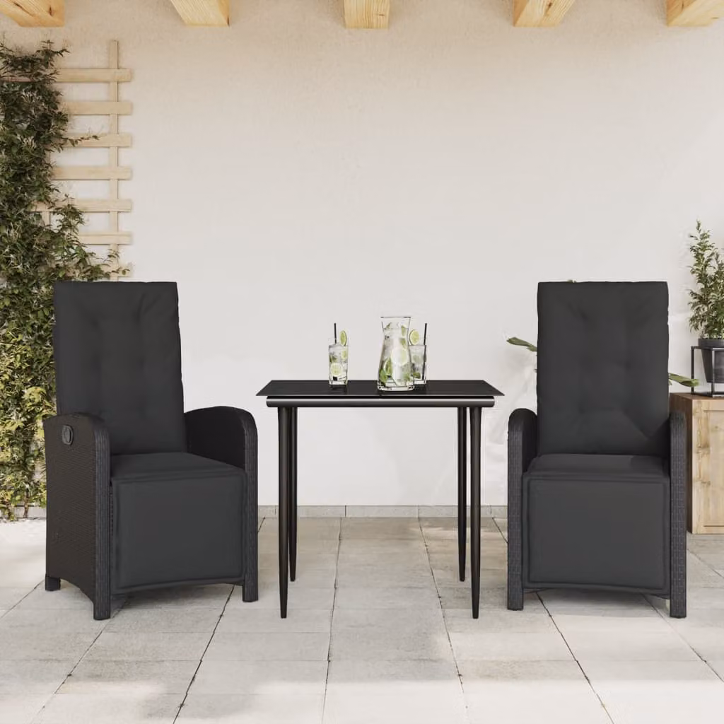 Set da Bistrò vidaXL 3 pz in Polyrattan Nero con Cuscini e Piano in Vetro per Giardino e Balcone – 1