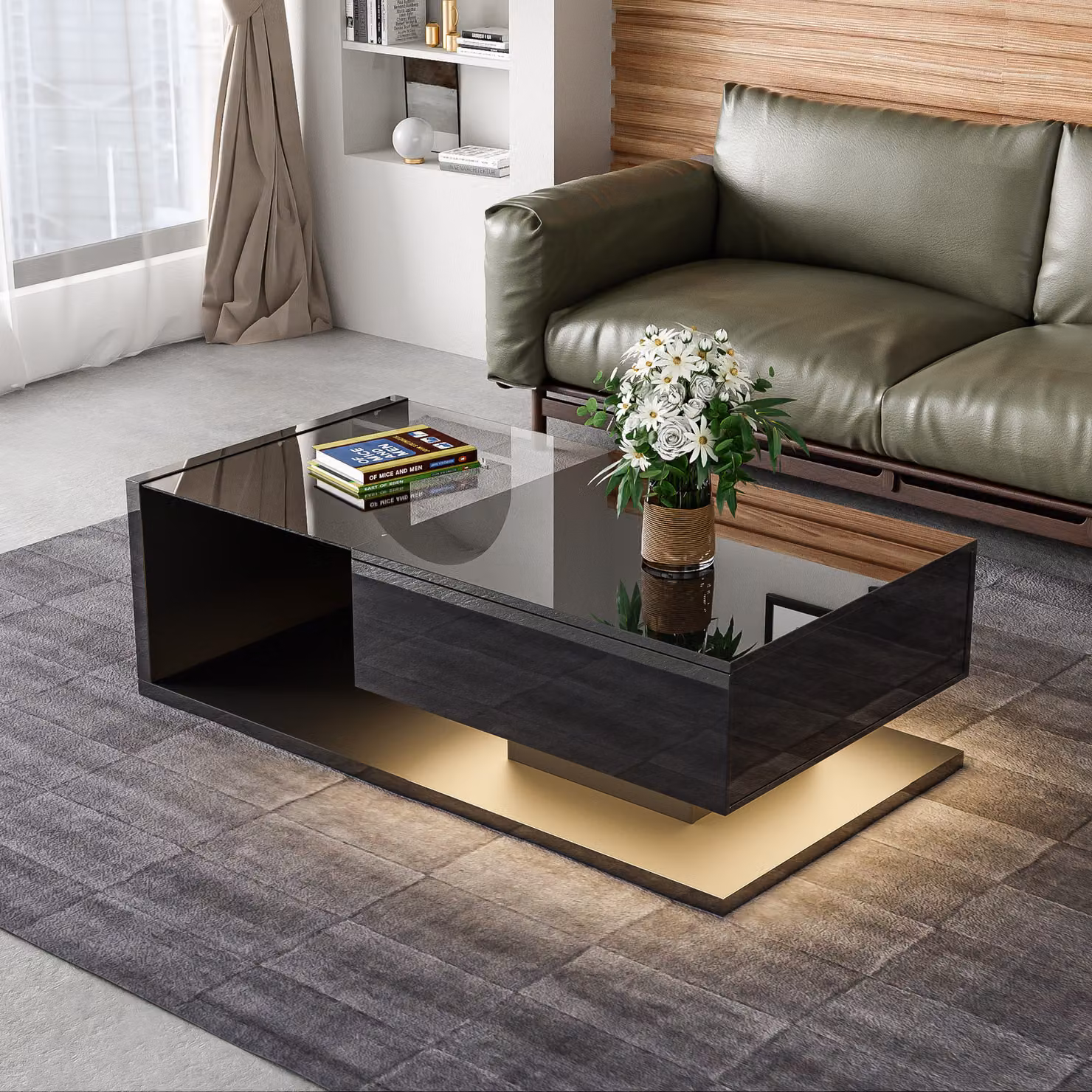 STILVORA Tavolini da salotto, set di tavolini lucidi con illuminazione a LED, tavolino da caffè con cassetti e piano in vetro, tavolino da salotto, nero