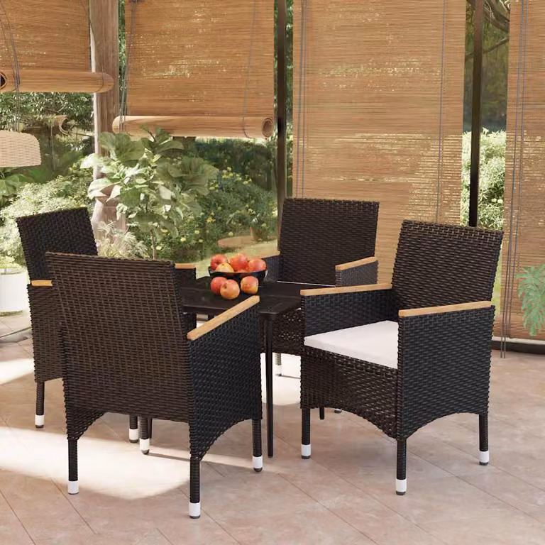 Set da pranzo da giardino vidaXL in polyrattan nero con cuscini e tavolo in vetro e legno di acacia, 5 pezzi
