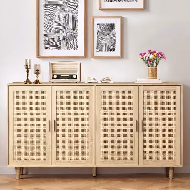 Armadio 4 Ante in Rattan ¨C MINIMAL ¨C Guardaroba con Ripiani, Bianco, 158 cm