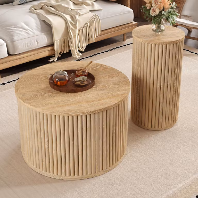 set di tavolini doppi okwish tavolino con strisce verticali, tavolino con bordi arrotondati, tavolino da caffè tavolino da divano con forma cilindrica e alta capacità di carico, natura