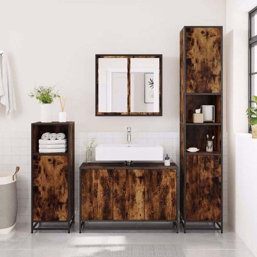 Lavabo Mobile da Bagno vidaXL in Legno Rovere Fumo e Metallo, Stile Industrial, L 90 x P 33 x H 60 cm