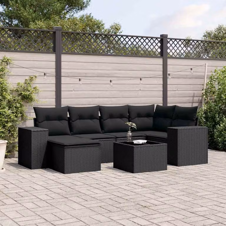 Set Divani da Giardino a L vidaXL con Cuscini e Tavolino Nero 7pz