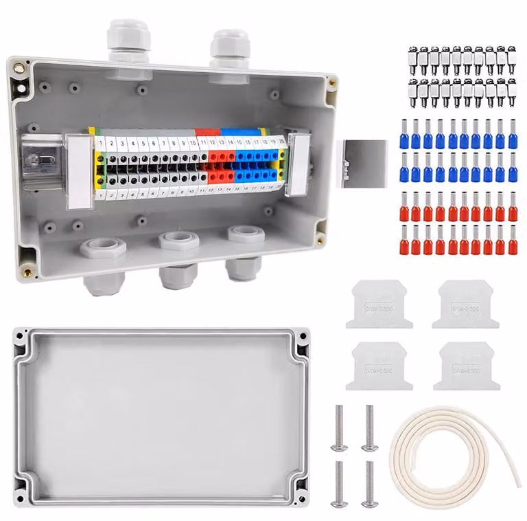 Contenitore Aftakdoos, grado di protezione IP68, configurazione 2 ingressi/3 uscite, impermeabile, dotato di morsetti e montaggio su guida DIN