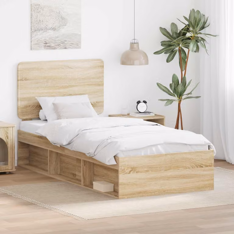 Struttura del letto moderna vidaXL in pino massello color rovere sonoma beige con doghe in legno, dimensioni 90 x 190 cm