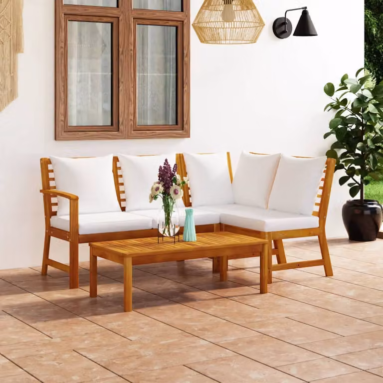 vidaXL Set Divani da Giardino 4 pz in Legno di Acacia con Cuscini Beige e Tavolino da Esterno