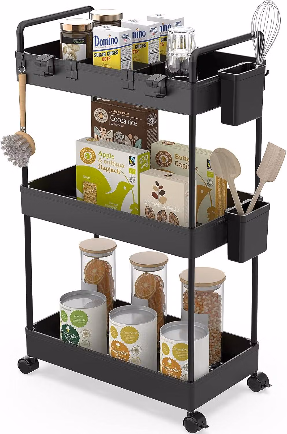 Carrello a 3 ripiani, con ruote e contenitori, per la cucina, colore nero