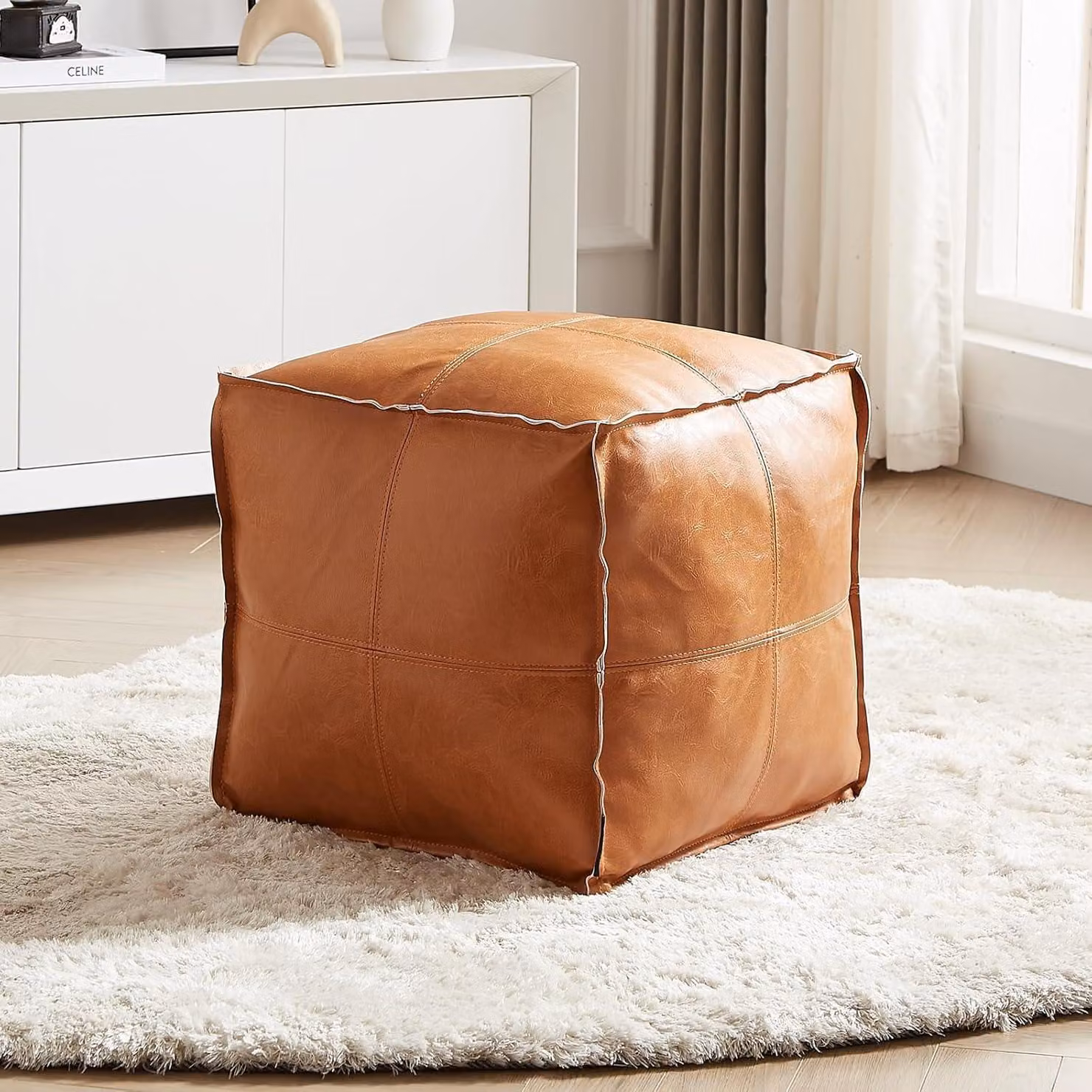 Pouf in ecopelle, non imbottito, quadrato, 45 cm, arancione, poggiapiedi