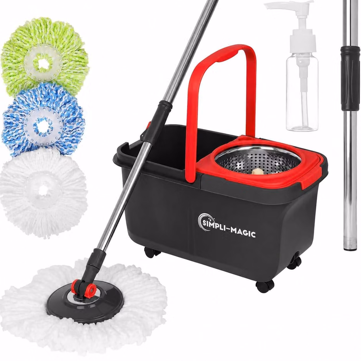 Set per la pulizia a rotazione con secchio, girevole a 360°, dotato di 3 testine e realizzato in acciaio inossidabile