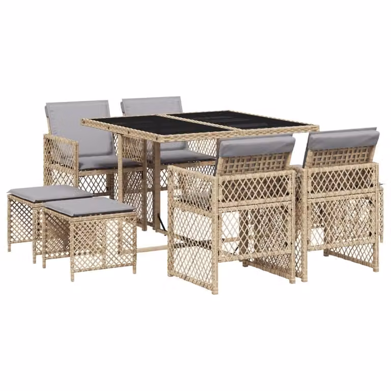 Set da Pranzo da Giardino 9 pz con Cuscini Beige in Polyrattan