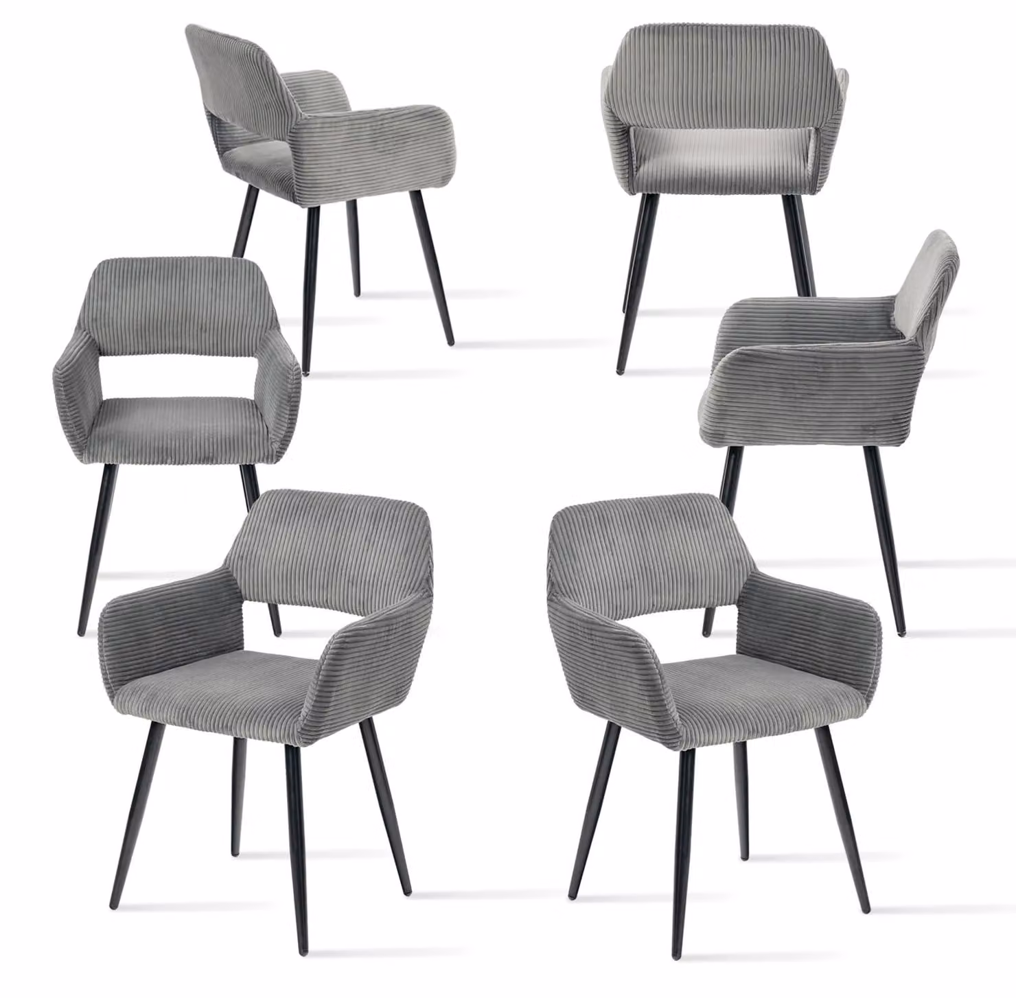 Set di 6 sedie da pranzo, rivestite in tessuto cord, colore grigio, stile scandinavo, con braccioli