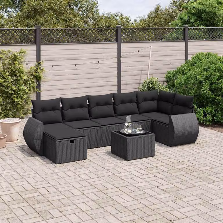 vidaXL Set Divani da Giardino a L con Cuscini 8 pz Nero in Polyrattan e Acciaio
