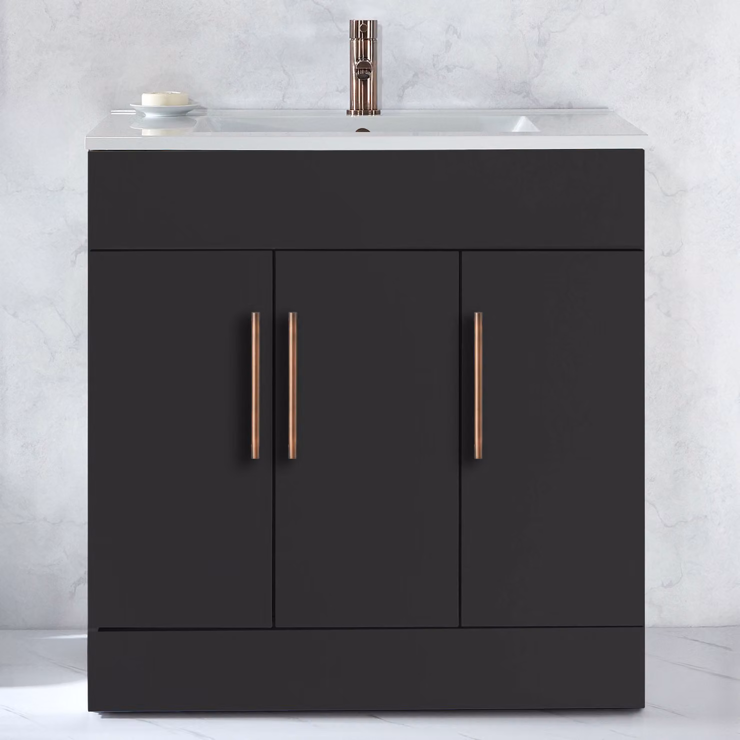 Mobile Bagno a Terra Grigio Nero da 810mm con Lavabo e Maniglie con Barra a T in Bronzo Spazzolato - Cluo