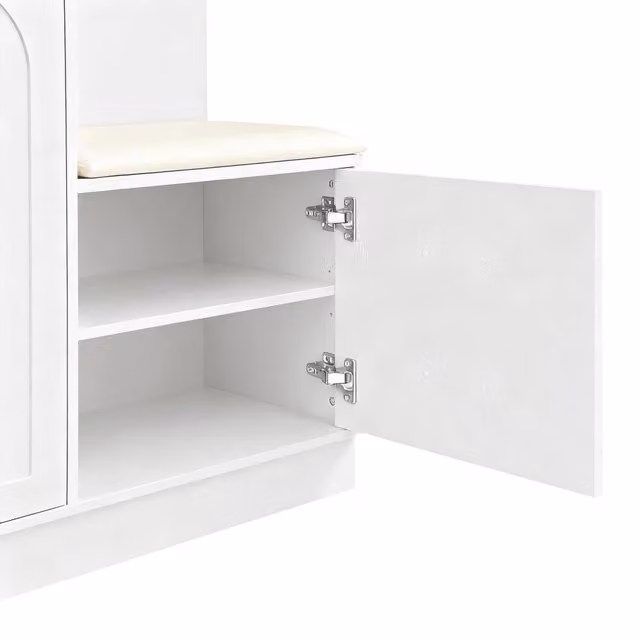 Mobile da ingresso con scarpiera; specchio; panca e asta nascosta; MDF; bianco