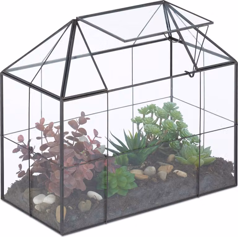 Terrario per piante Relaxdays, vetro e rame, 27x30x15 cm, serra decorativa con cactus e muschio, teca in vetro da davanzale, nero