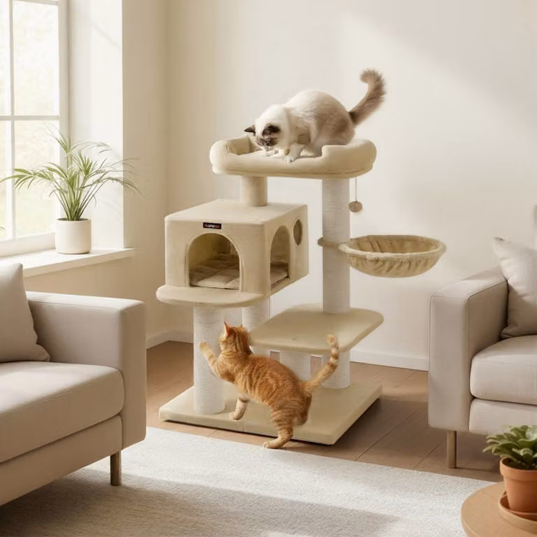 Albero per gatti con 6 superfici per graffiare extra resistenti | Colore beige | 70x60x107 cm