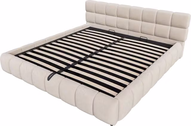 Letto matrimoniale contenitore 160×200 cm con testiera imbottita e LED, senza materasso, beige
