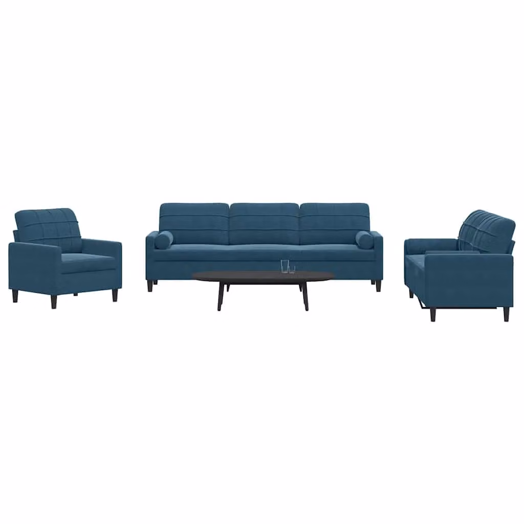 Set di divani 3 pezzi vidaXL in velluto blu con cuscini e struttura in metallo per soggiorno – 1